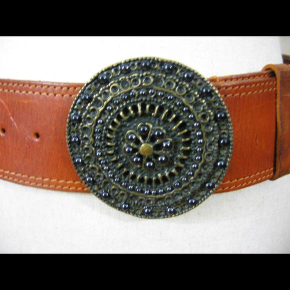 Boho Belt Big Buckle Medallion Wide Leather Belt Bohemian Hippie Vintage Belt - Picture 2 of 9